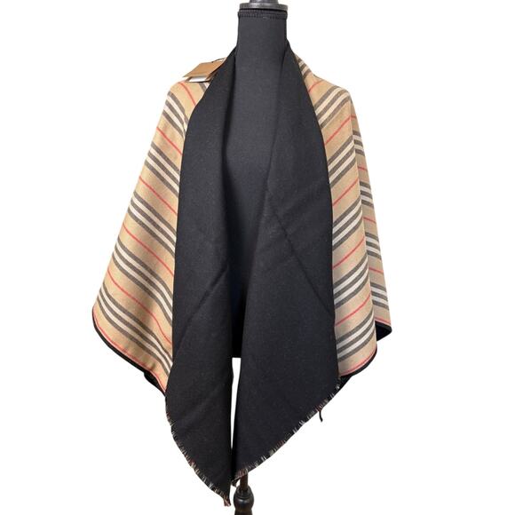Burberry Black and Tan Icon Stripe Wool Reversible Cape - Picture 3 of 10